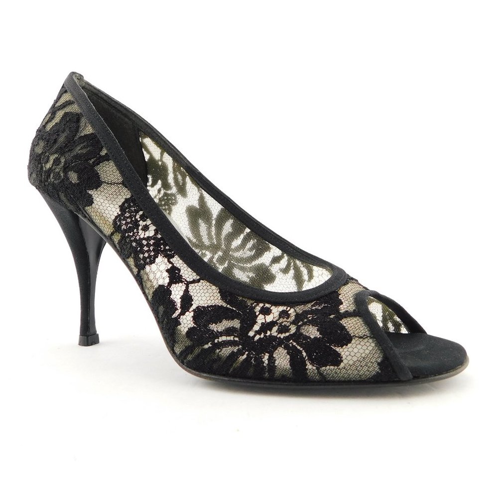STURAT WEITZMAN Black Floral Lace Peep Toe Evening Heel Pumps 7 - Picture 2 of 8